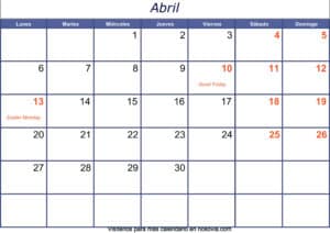Calendario abril 2020 con festivos para imprimir