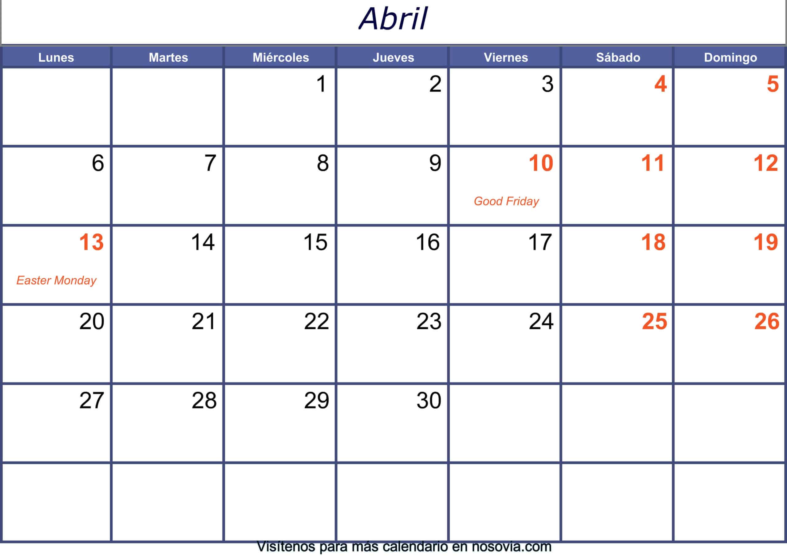 Calendario abril 2020 con festivos para imprimir