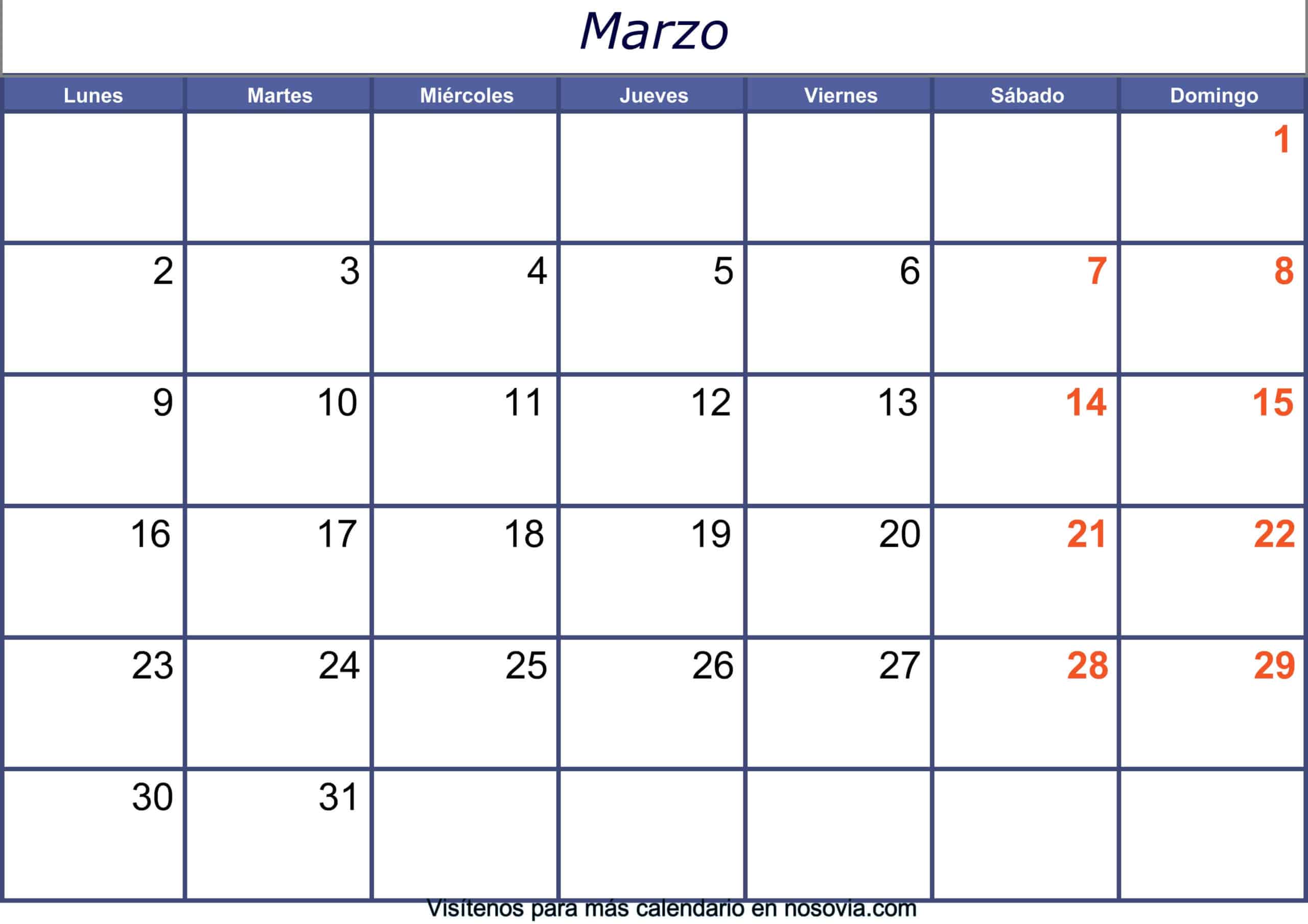 Calendario marzo 2020 con festivos para imprimir