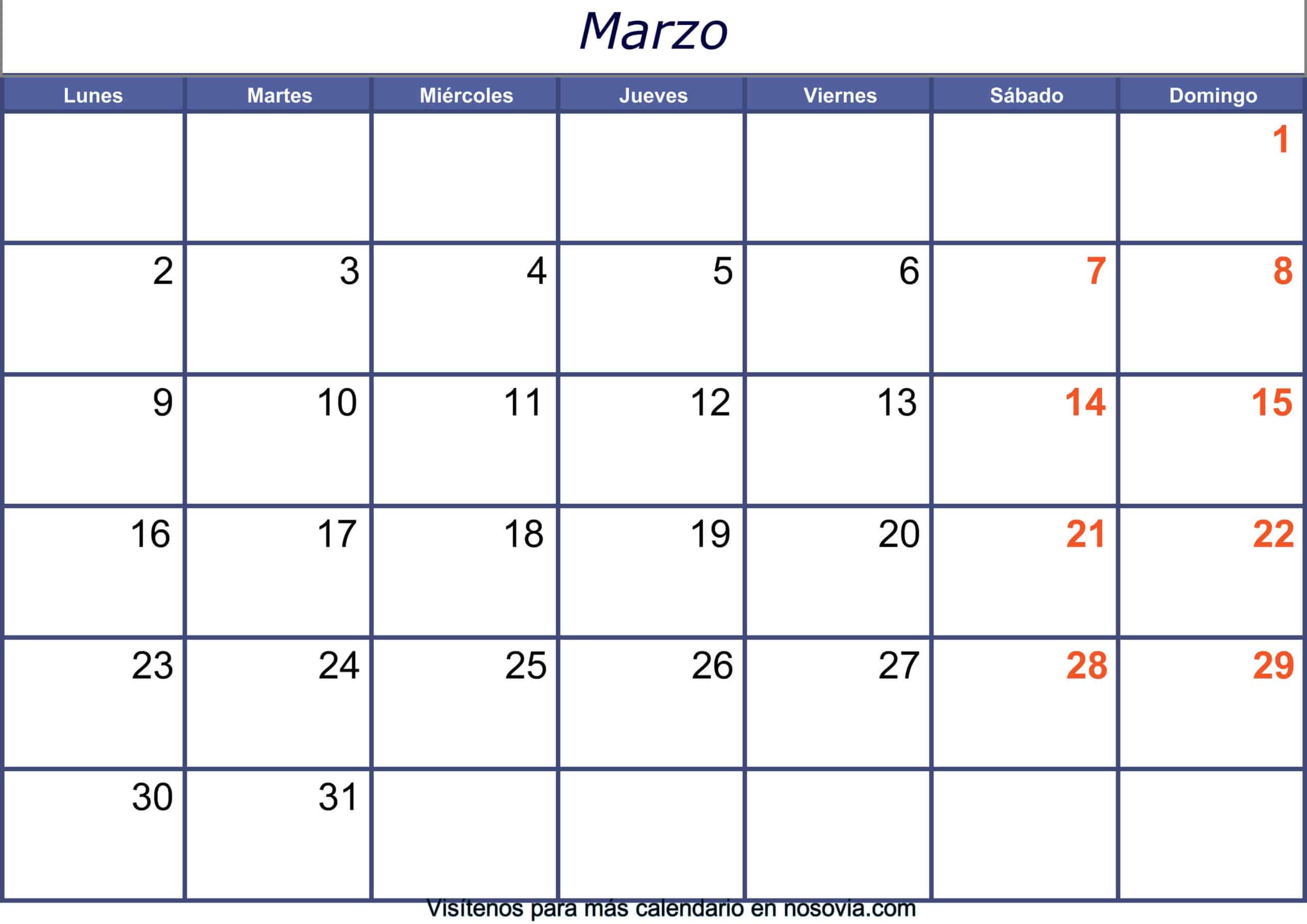 Calendario marzo 2020 con festivos para imprimir