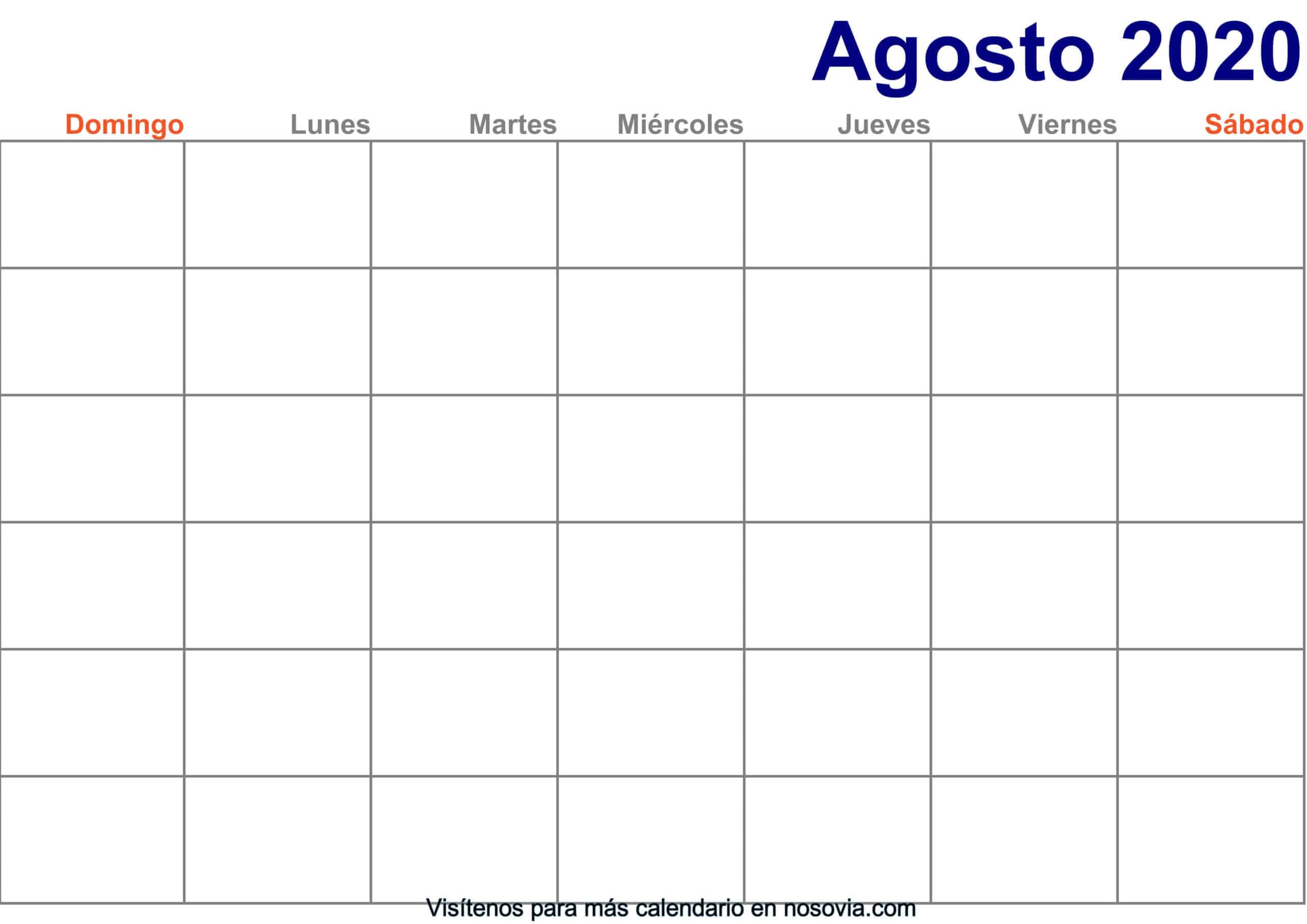 Calendário Agosto 2020 para imprimir - Estados Unidos