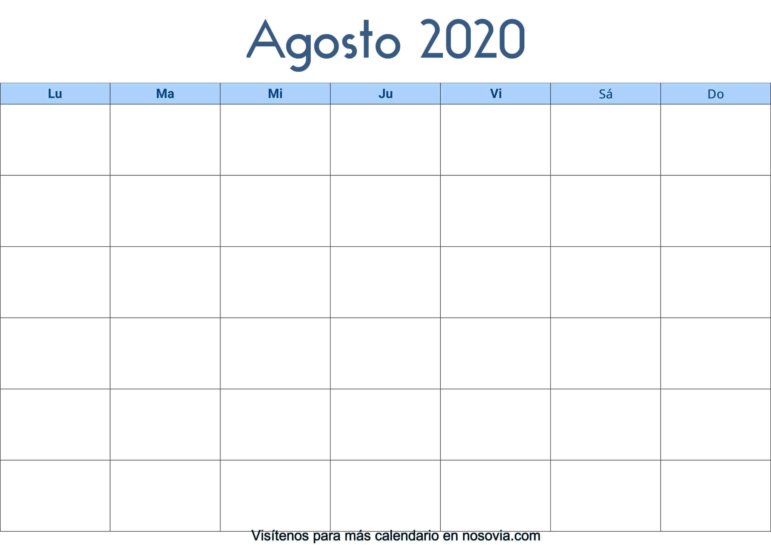 Calendário Agosto 2020 para imprimir - Estados Unidos