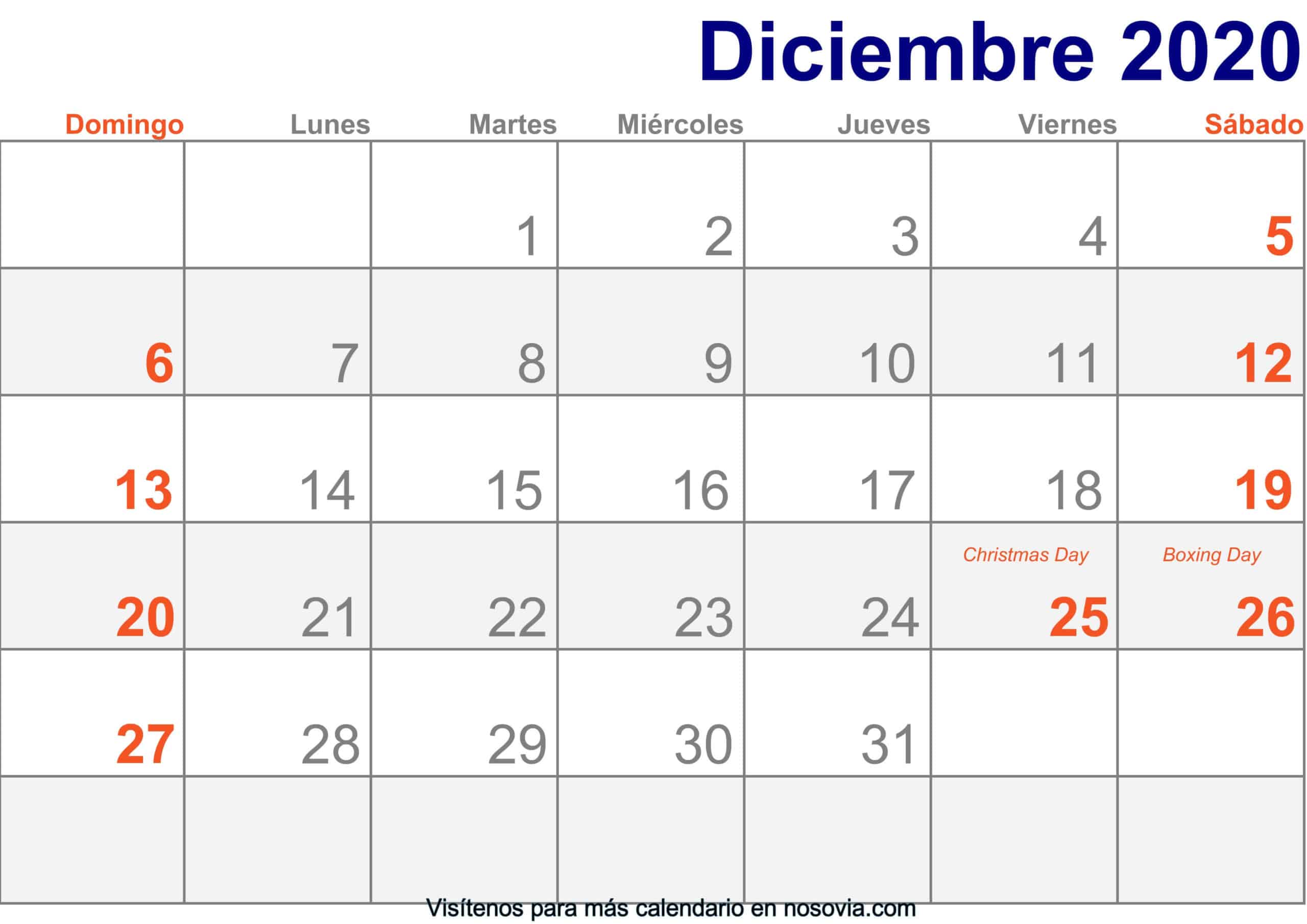 Calendario Diciembre 2020 Con Festivos Imprimible