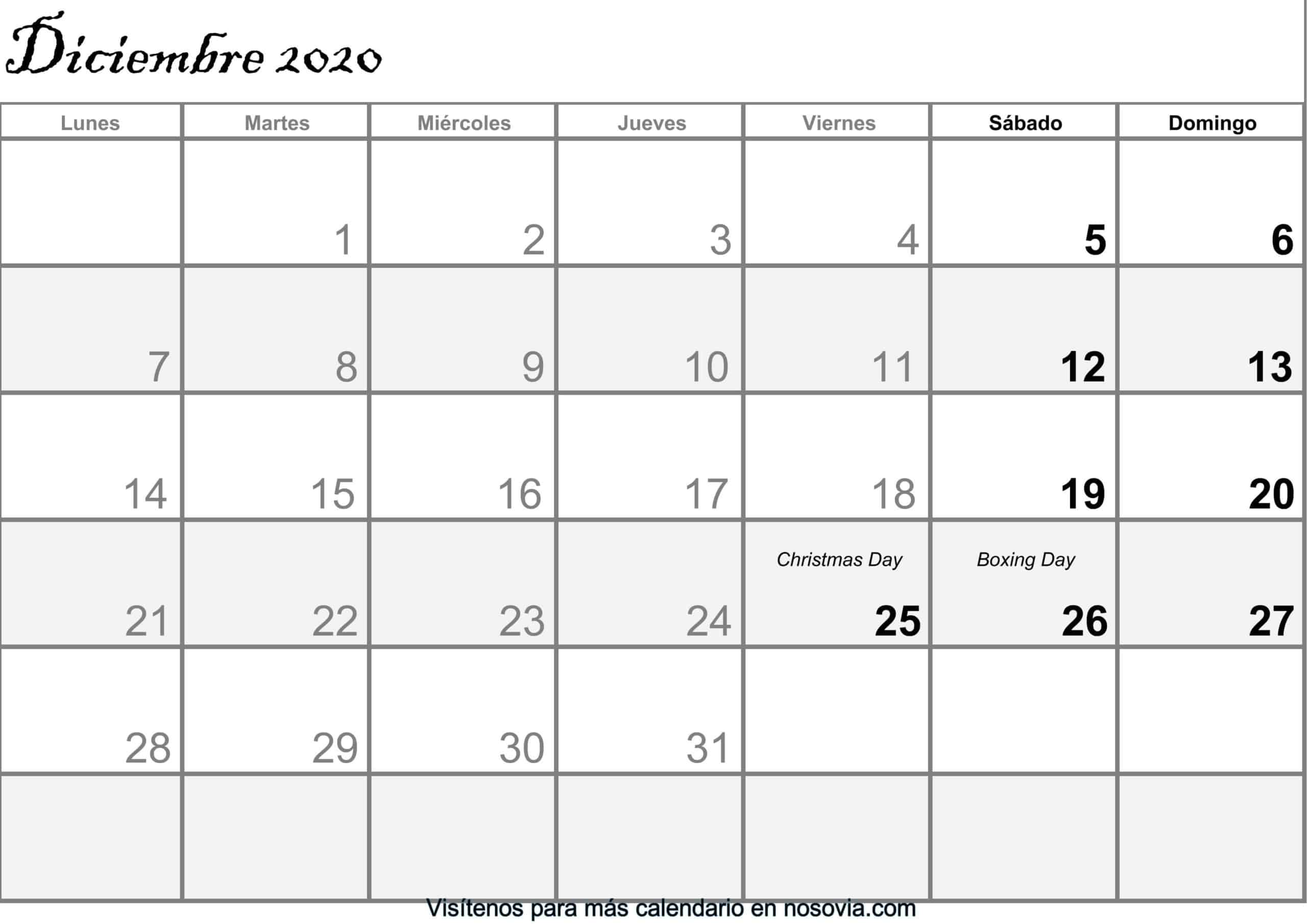 Calendario Diciembre 2020 Con Festivos Imprimible