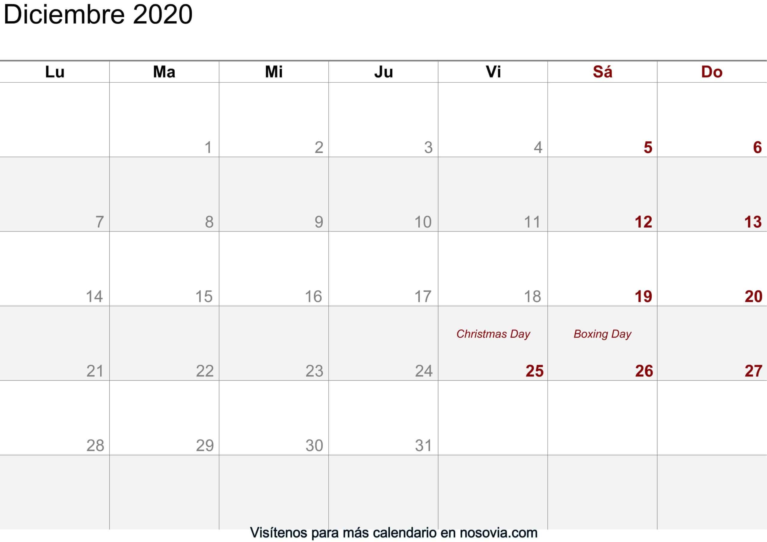 Calendario Diciembre 2020 Con Festivos Imprimible