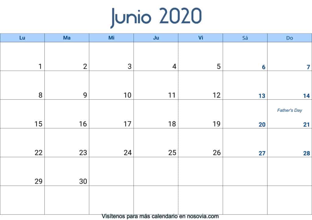 Calendario junio 2020 con festivos para imprimir