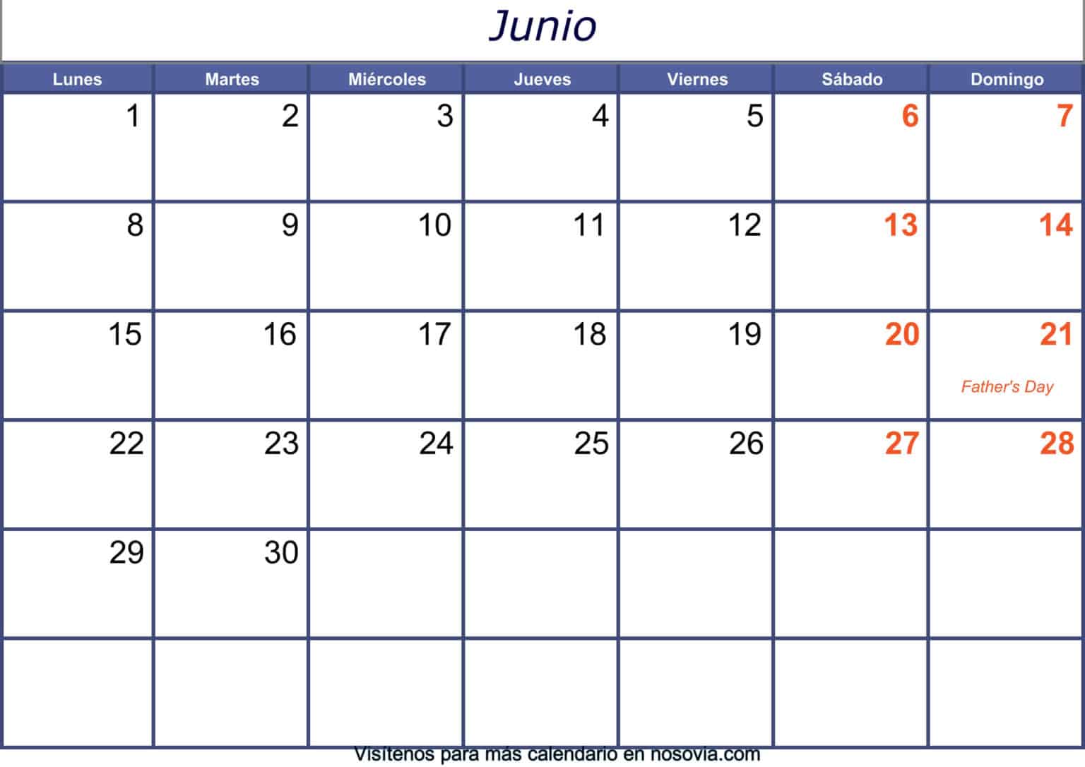 Calendario junio 2020 con festivos para imprimir