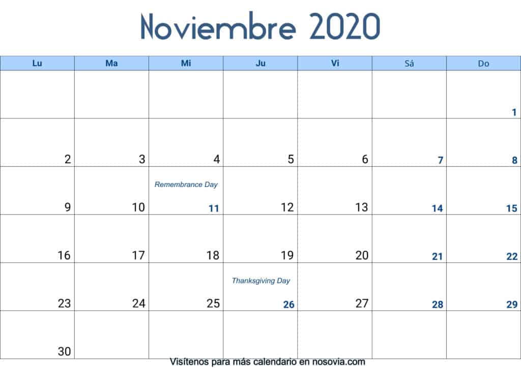 Calendario Noviembre 2020 Con Festivos Para Imprimir