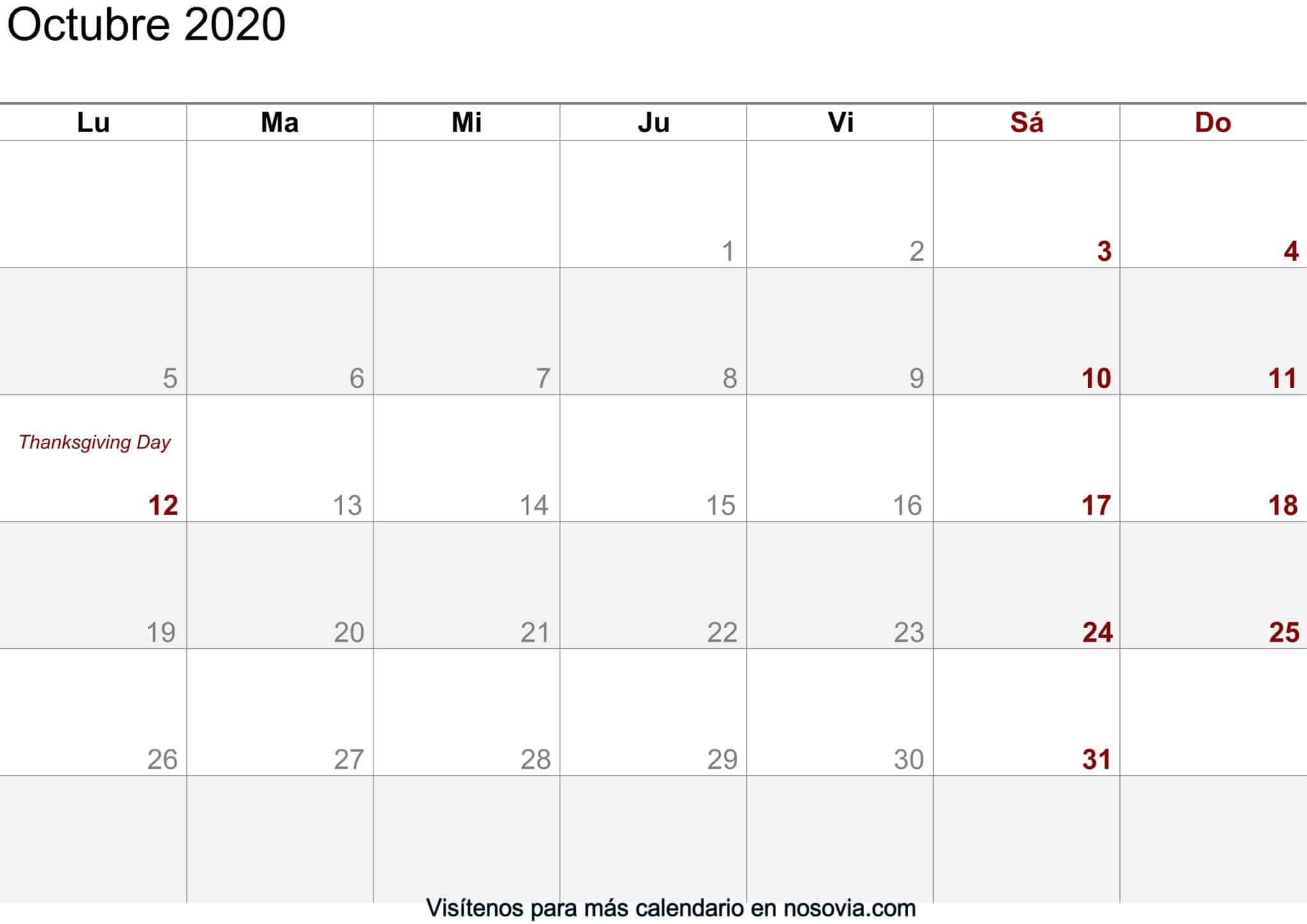 Calendario octubre 2017 para imprimir: ¡organiza tu mes!